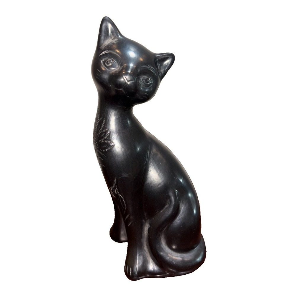Vintage MCM Black Cat Figure Long Neck Sitting Ceramic Art Deco Mid Century